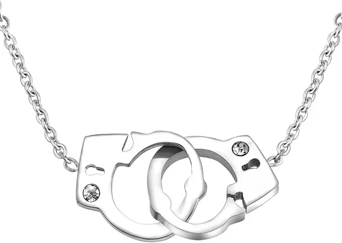 Collana Donna In Acciaio Inox Con Ciondolo Manette E Zirconi - Colori Argento E Oro Rosa - 5
