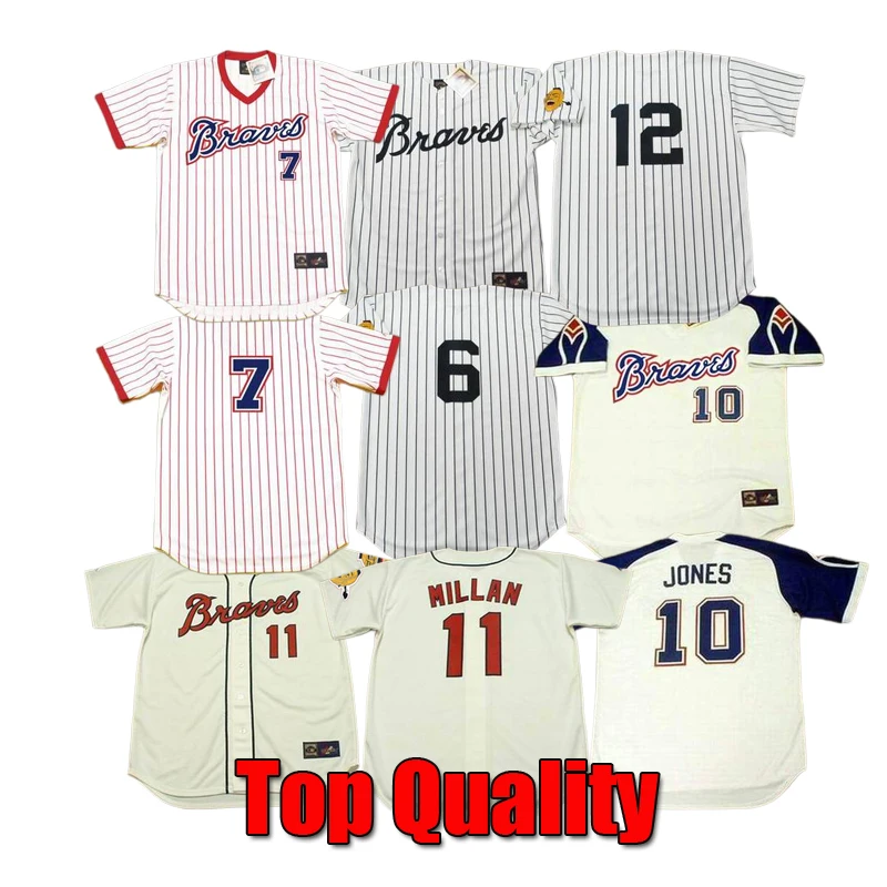 Wholesale Men's Atlanta 7 Jeff Burroughs 10 Chipper Jones 11 Felix Millan  12 Bob Uecker Throwback Baseball Jersey Stitched S-5xl From m.