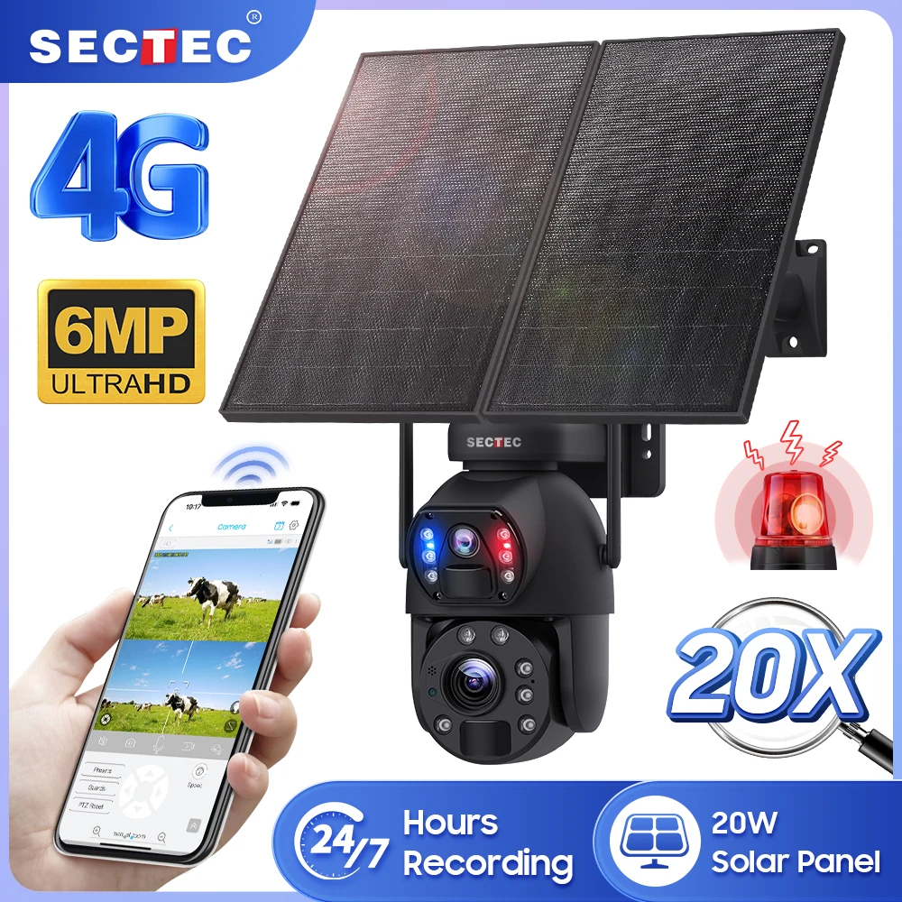 20W Hotsale Wifi Zoom Dual Lens HD 6MP 4G Solar Camera 3K Outdoor Camera Sim Card Home Security CCTV Network Solar IP Camera