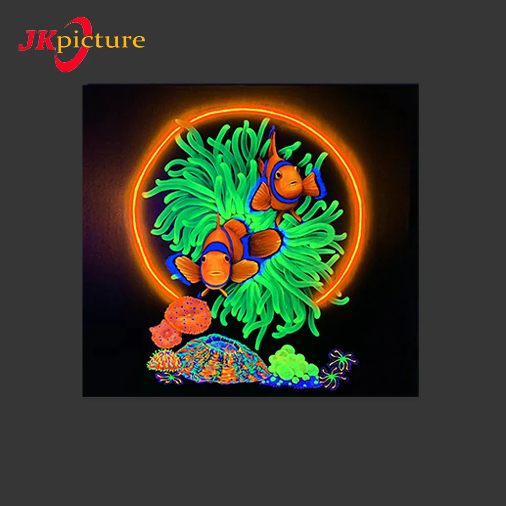 蛍光絵画 カクレクマノミとロックフラワーアネモネの絵画 発光絵画