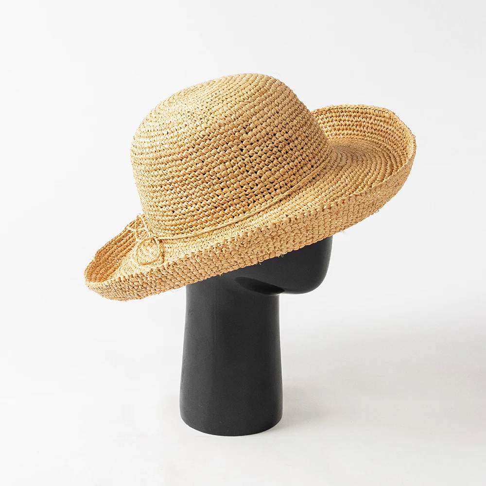 Straw Hat Drawstring SY HATS 100% Raffia Straw Hand Crochet Bowler Hat With Tie String Trim ...