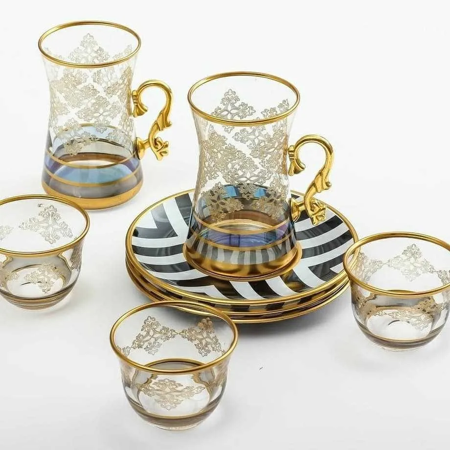 GOLDEN HORN Turkish Tea Set with 22k Gold Carved Tea