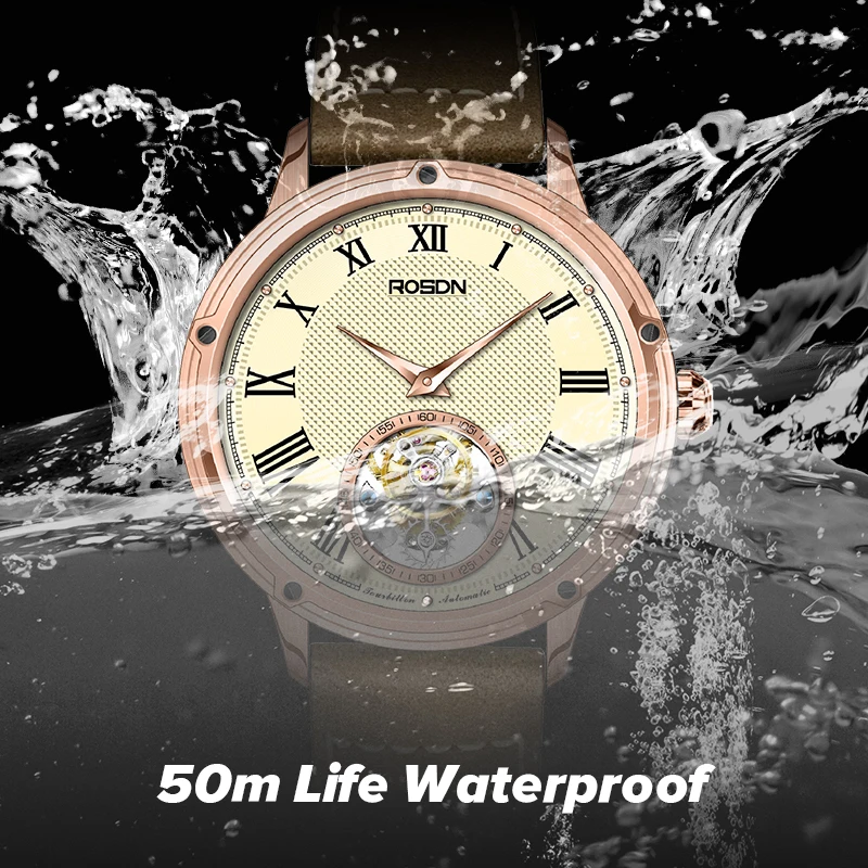 ROSDN Watch for Men Mechanical Flying Tourbillon Watch Genuine Leather  Watch Double Tourbillon Chronograph