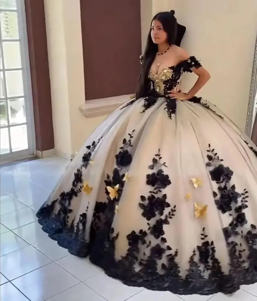 blue dress for baby girl Vintage Jacquard Ball Gown Sweet 16 Dress Black Velvet Quince Dress FD –  Viniodress
