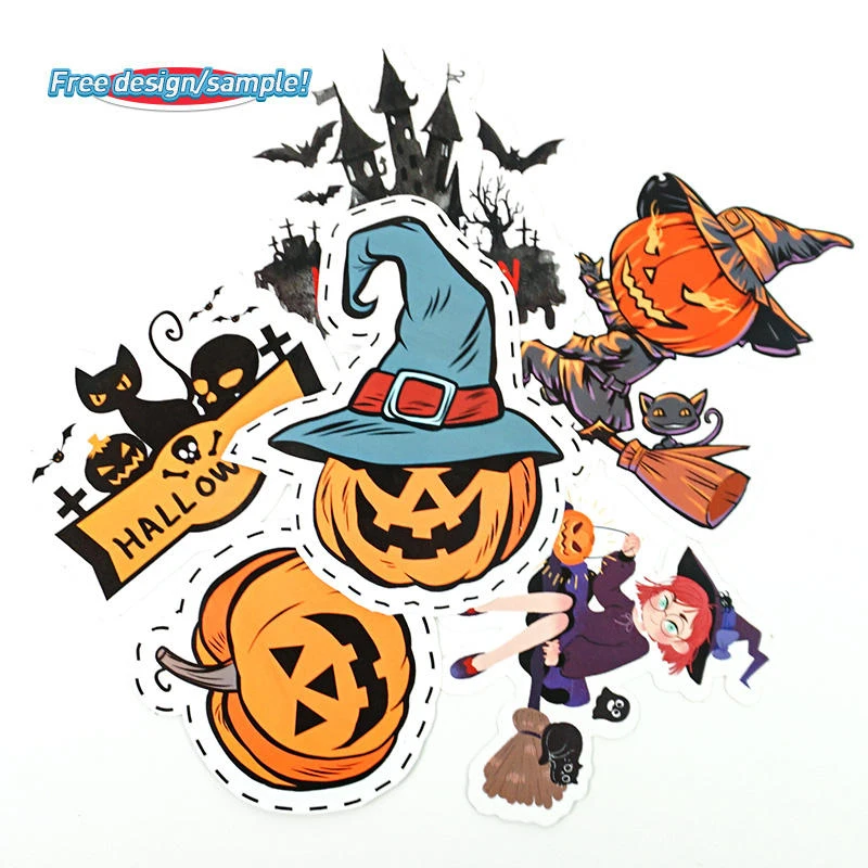Halloween Theme Cute Self-adhesive Vinyl Pumpkin Night Light Ghost Die-cut Stickers Customizable Color Shape HTX Brand Eve