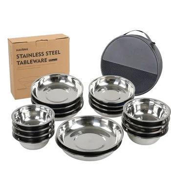 18-Piece Stainless Steel Dinnerware Set for Outdoor Camping Portable Barbecue Tableware Including Plate Soup Basin Dish Bowl