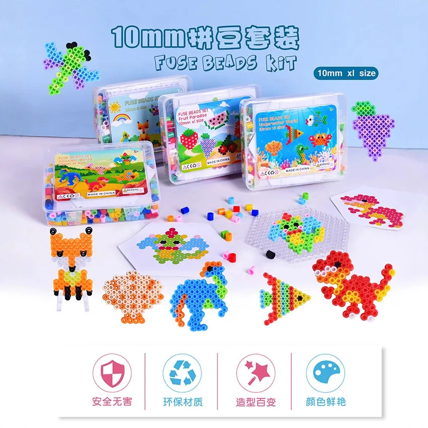 Newly launched creative 10mm DIY screw bead set: a collection of 10mm Perler beads featuring fish, dinosaurs, and fruit designs. This set contains 8 vibrant colors of beads, making it perfect for girls to engage in DIY craft projects.