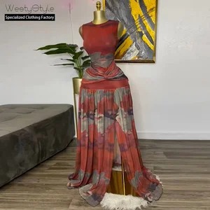 European American Women's Casual Floor-Length Natural Waist Dress Digital Printed Floral Chiffon Slit A-line Anti-Static Pockets