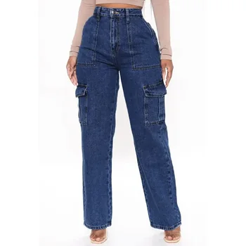 High waist elastic waistband baggy pants loose wide leg workwear multi-pocket women's jeans