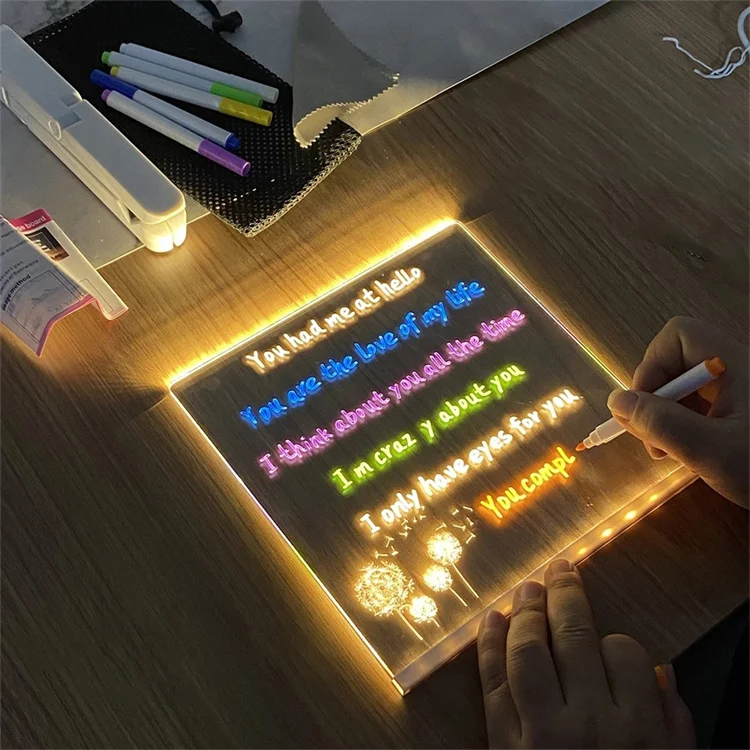 DIY Hand Draw Light Up Board With Stand Glow Memo LED Message Board Note Acrylic Board Light with 7 Color Pen For Kids Paint