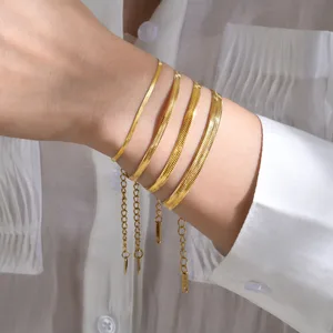 Adjustable 18K Gold Plated Snake Chain Bracelet Waterproof Stainless Steel Jewelry with Simple Flat Design