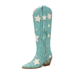Moncher Women's Turquoise Star Fringe Western Boots Pointed Toe Cowboy Boots with Studded Star Applique