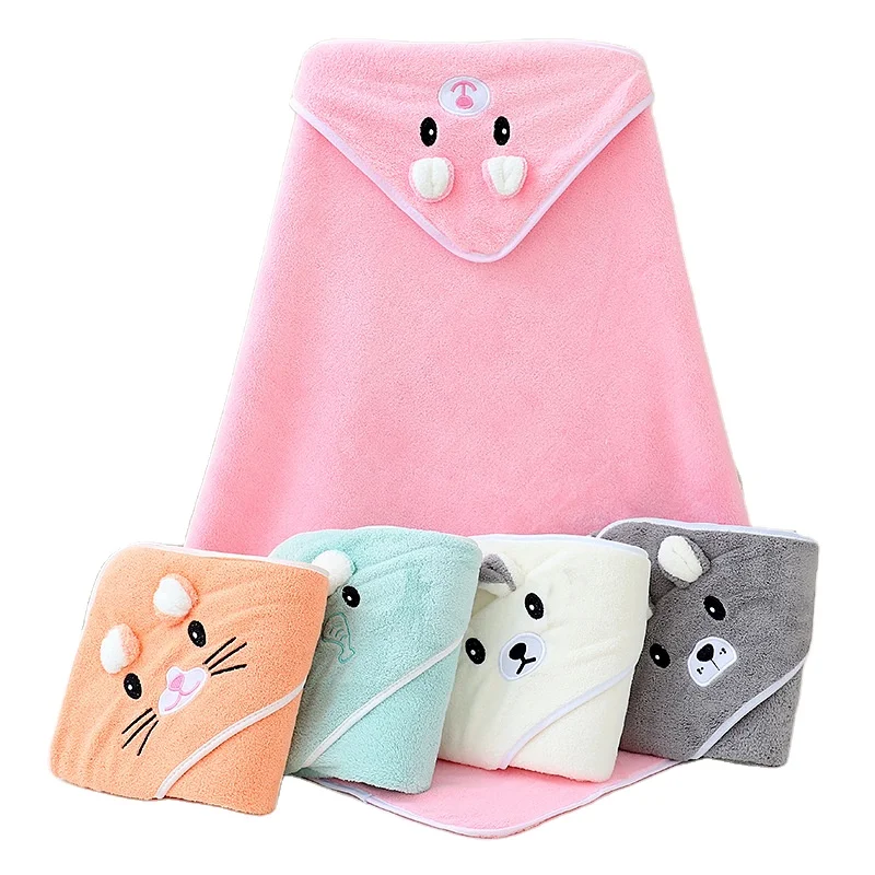 Mooie koraalfleece cartoon kinderbadhanddoek met capuchon, ultrazachte hoes met capuchon voor baby-peuter, ultra-absorberende badjasdeken