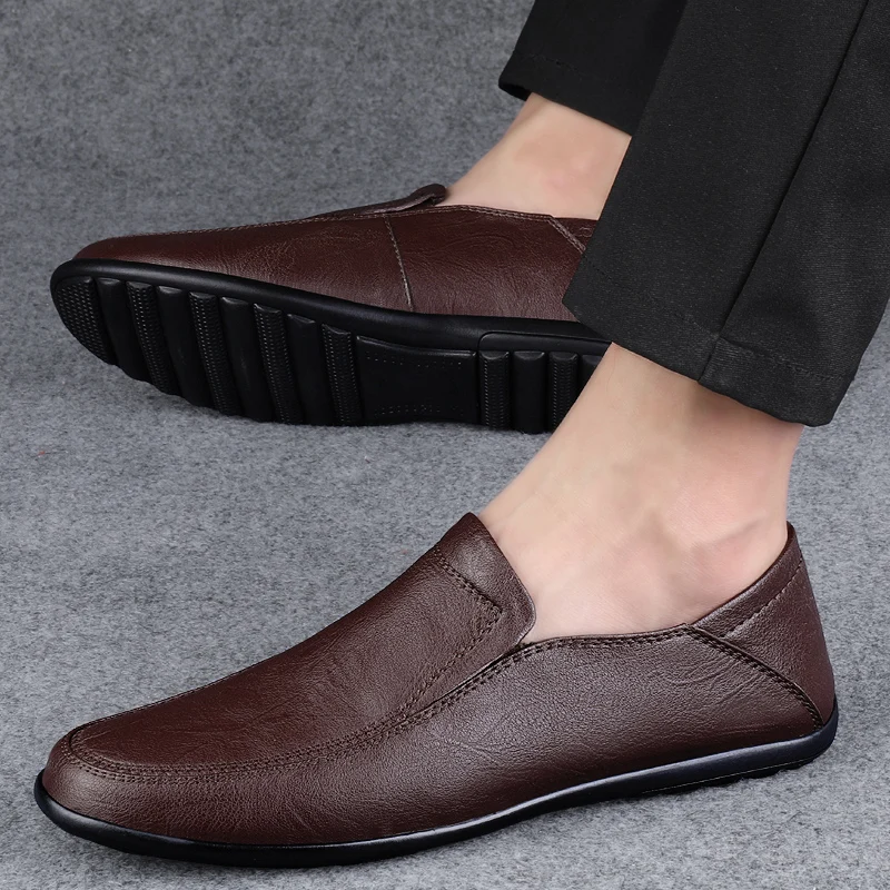 Men's Genuine Leather Shoes Waterproof Handmade Sewing Loafers Comfortable Casual Large Size Walking Shoes Driving Shoes