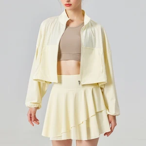 Custom High Quality Breathable Quick Dry Yoga Fitness Women Sport Wear Jogger Short Set Zip Sweatshirt Skirt Waist