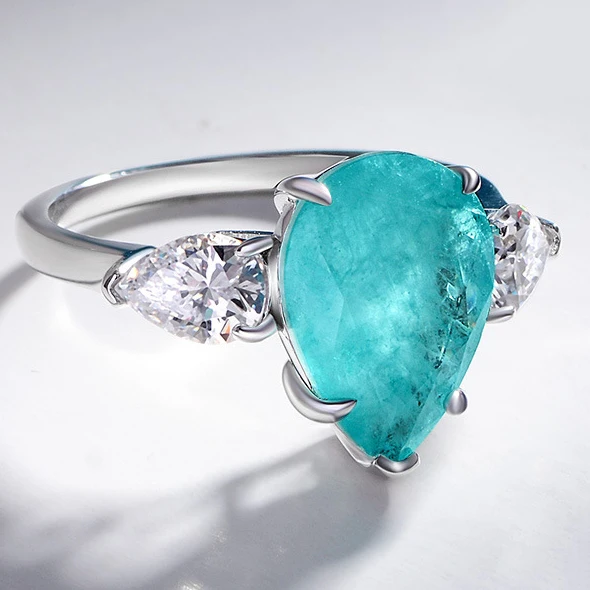 MUSHAN Jewelry Factory 925 Sterling Silver Waterdrop Zircon Rings Synthetic Paraiba 6ct Blue Pear Shape Gemstones Ring for Women