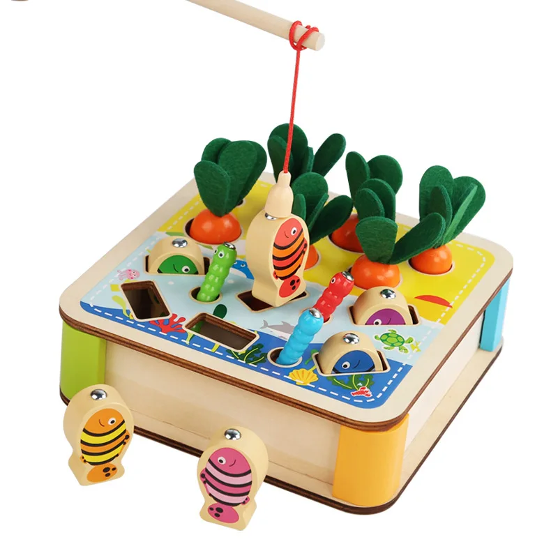 3-in-1 Holzspielzeug für die frühkindliche Bildung, Karottenziehen, Angeln, Insektenfang, Montessori-Holzspielzeug zur Feinmotorikförderung