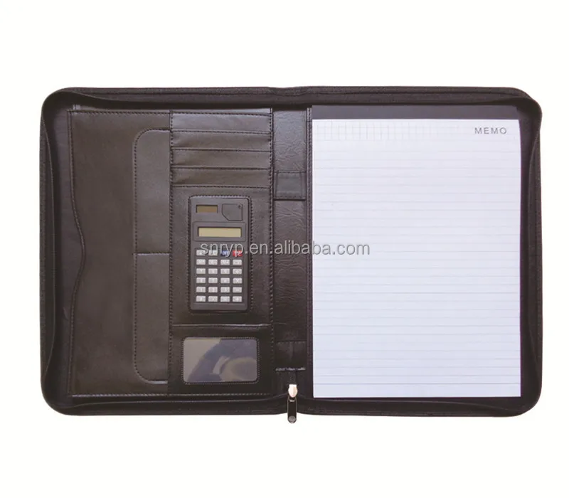 custom Leather Multi-function office file package with a calculator Conference Folder.Zipper multi-card notebook