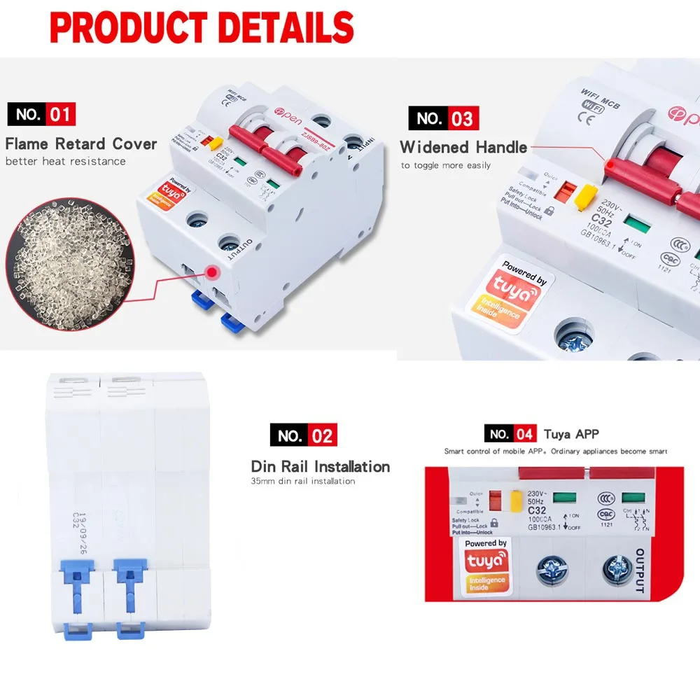 Tuya Smart Life Smart Wifi 2P Single Phase  Remote Control Din Rail Modular Miniature Mcb Circuit Breaker