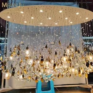 Golden Glass Round Leaf Ceiling Chandelier with Stainless Steel Body Art Nouveau Style for Hotel Use