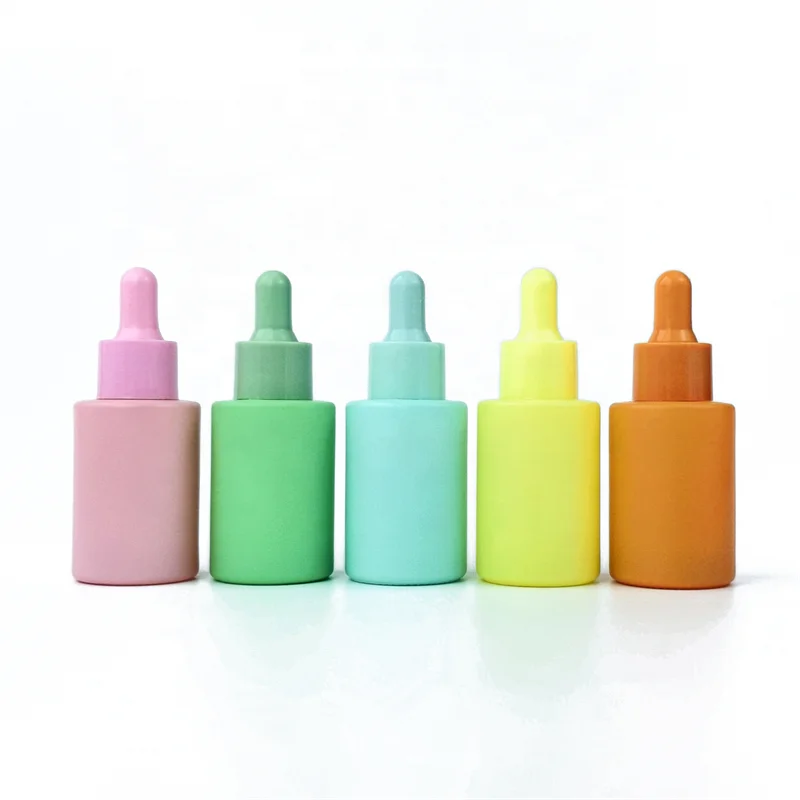 Essential Oil Dropper Glass Bottle 1oz Flat Shoulder 30ml Serum Dropper Bottle With Colorful Cap for Hail Oil Packing