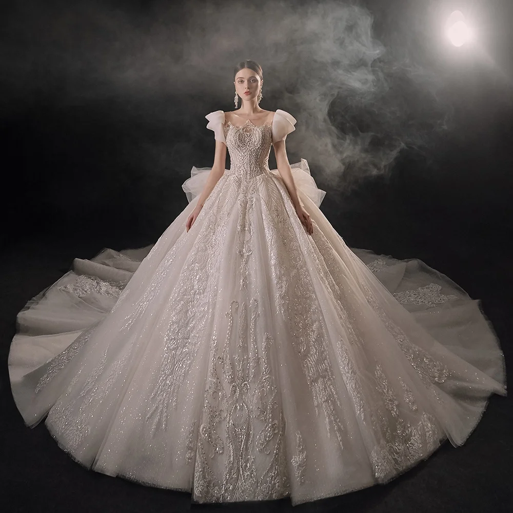 Jancember LSMX072 Glitter Bow Long Tail Bridal Ball Gown
