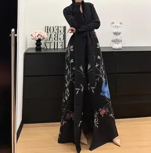 Muslimah Clothing Wholesale Miyake Pleated Abayaya Plus Size Women's Casual Long Robe with Print Dubai Abayas Dresses