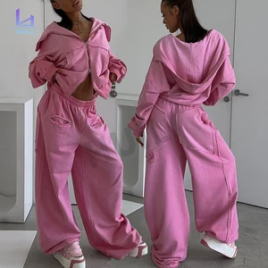 Custom Logo Heavyweight Loose Fit Blank Tracksuits 2 Piece French Terry Zip up Oversized Pink Sweatpants and Hoodie Set Women