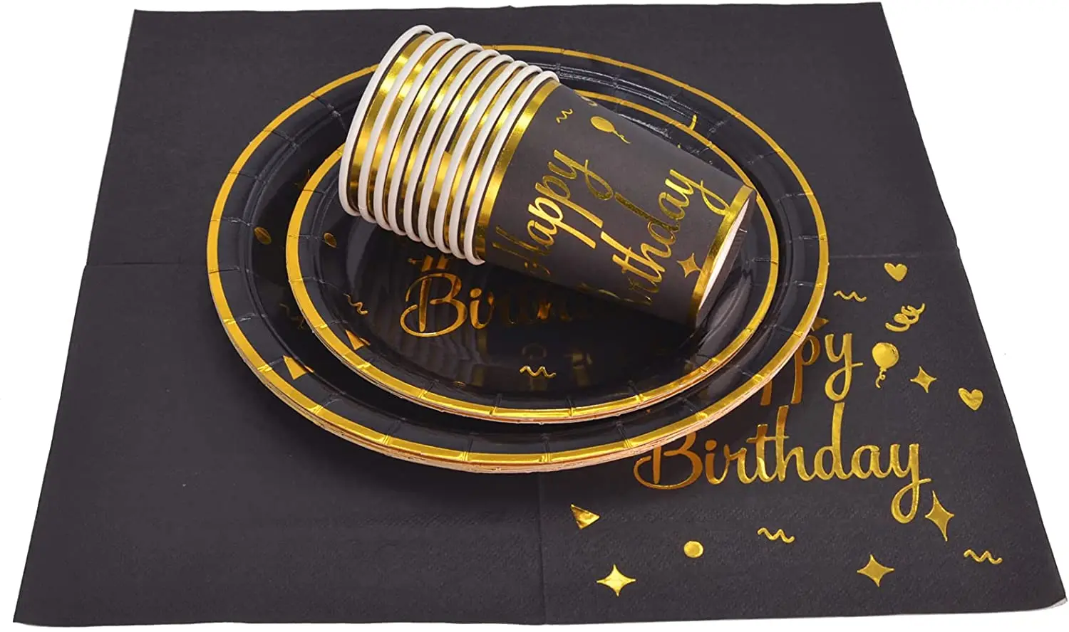 Ownfolk Black Paper Plate Cups Napkins Happy Birthday Plates Decoration