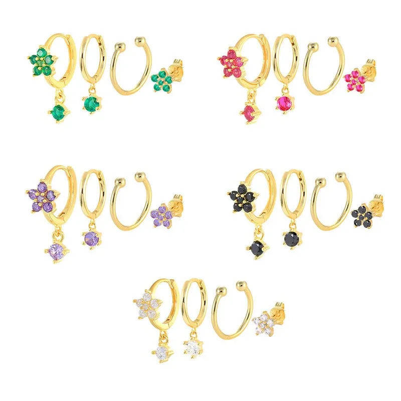 Flower 4 Pieces Set Multicolour Diamond Stud Hoop Drop Earrings Set Fashion 925 Sterling Silver Earrings Women