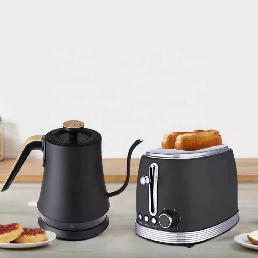 Elegant Black Breakfast Set 1L Stainless Steel Kettle Toaster