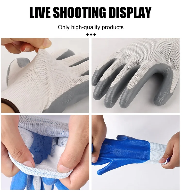 Blue Nitrile Coated Gloves Oilproof Nitrile Plam Gloves Smooth