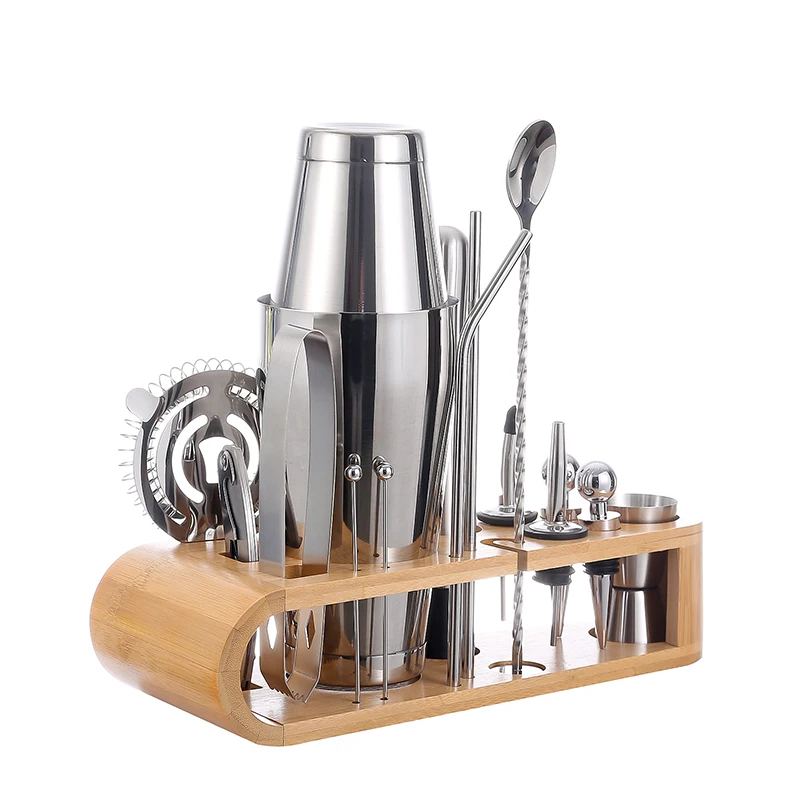 Wholesale Stainless Steel Customized 800/600 ML Cocktail Shaker Set Bartender Kit Tools Set with Stand