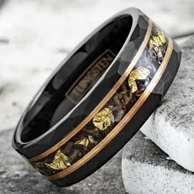 Meteorite Rose Gold Leaf Inlay Hammered Black Tungsten Carbide Ring For Men