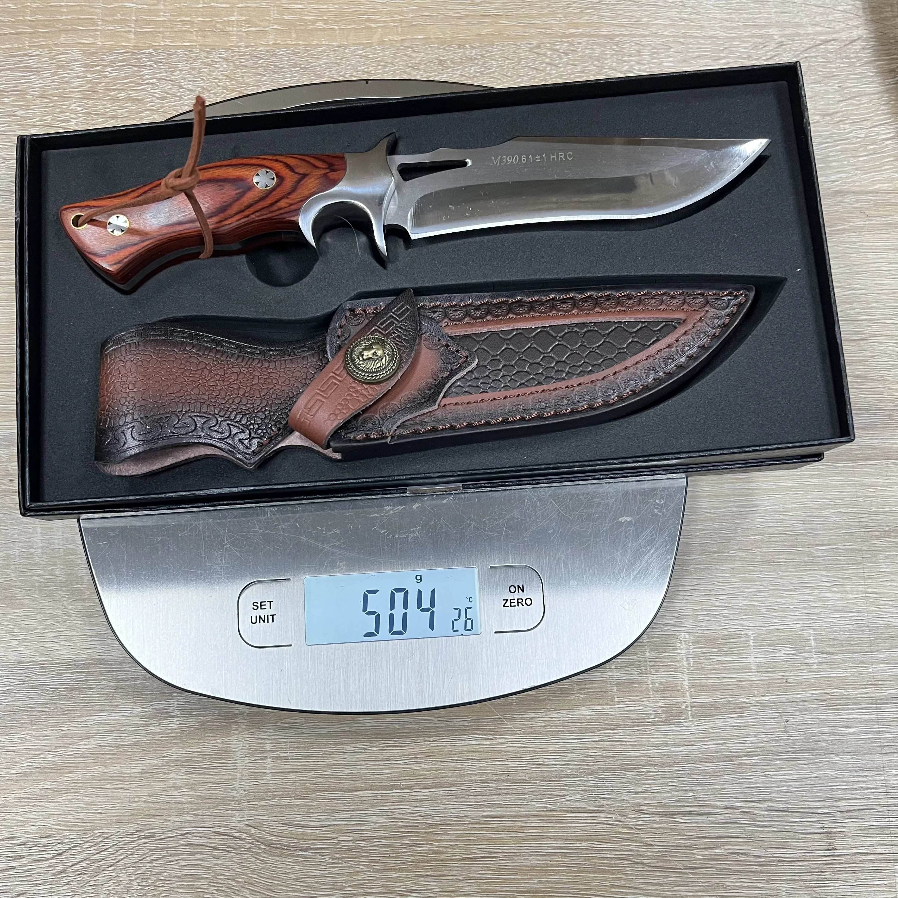 Premium Grade First Polished Hunting Knife with Wood Handle Survival Knife with Leather Sheath M390 Steel Fixed Blade Knife