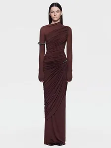 Fashion High Quality Vietnam 2026 Ramadan New Pleated Brown Elegant Long Dressstretch Knitted Long Evening Dress