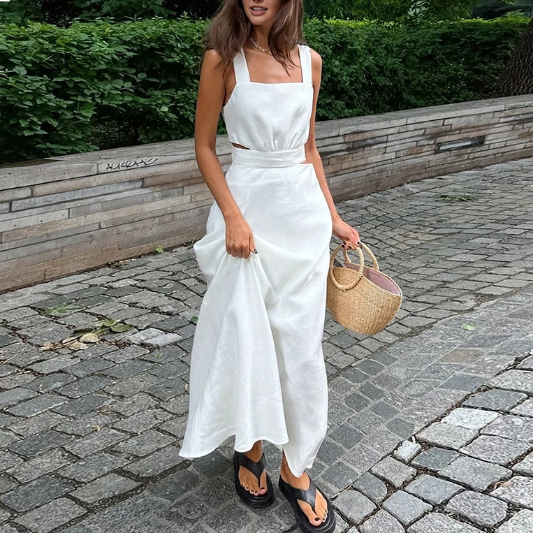 Wholesale fashion women's clothing White sleeveless halter dress Summer new  casual cotton linen dresses for women