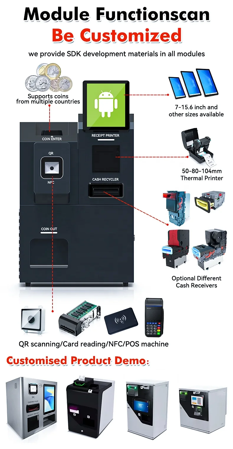 USW 10.1" Custom Cash Handling Machine Supermarket Coin Dispenser Price Change Bill to Coin Exchange Machine Cash Recycler Kiosk