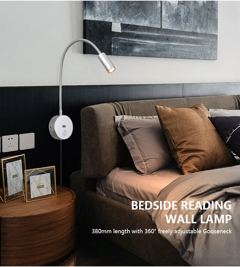 3w Touch Dimmable Led Book Light With Plug Cord Led Wall Mounted