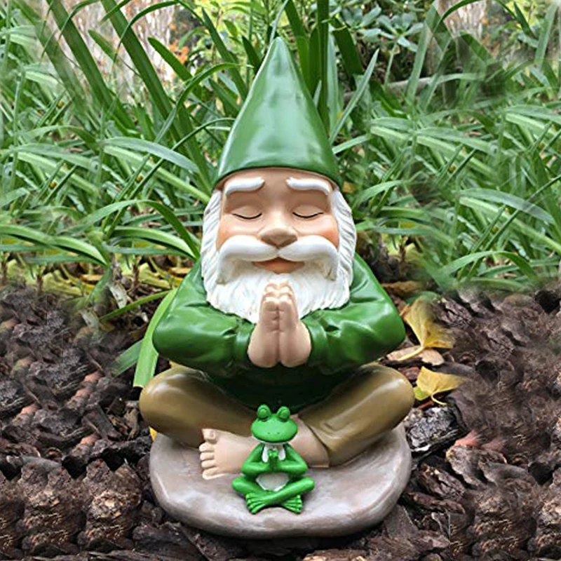 Custom Resin Namaste Gnome And Green Frog Ornament Figurine Decoration Fairy Garden Tranquility