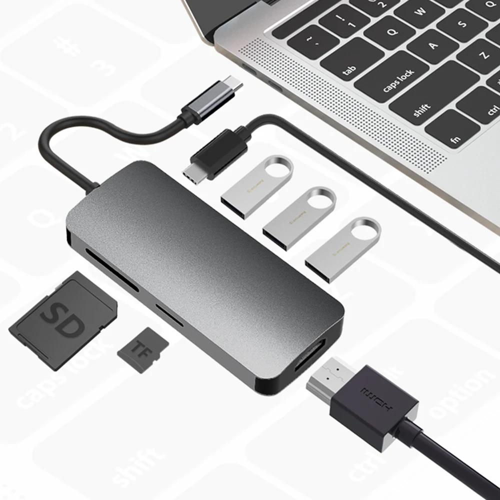 Многопортовых Портативный Usb C концентратор 7 в 1 док-станция для ноутбука с 3 * USB3.0 + PD + SD/TF Card Reader устройство чтения карт + RJ45