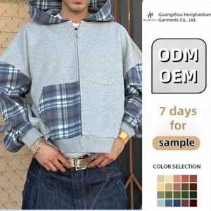 Clothing Manufacturers Custom French Terry 100% Cotton Plaid Patchwork Color Block Zip up Hoodie Jacket for Men