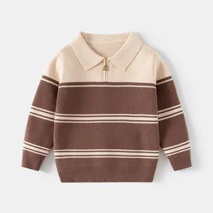 Autumn Winter New Boys' Single Layer Thick Knit Children's Striped Turn-Down Collar Half-Zip Kids Sweater