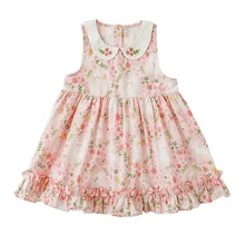 YOEHYAUL Custom Baby Girl Cotton Children Casual Dress Pink Embroidered Floral Print Ruffles Kids Little Girl Dress 4-5 Years