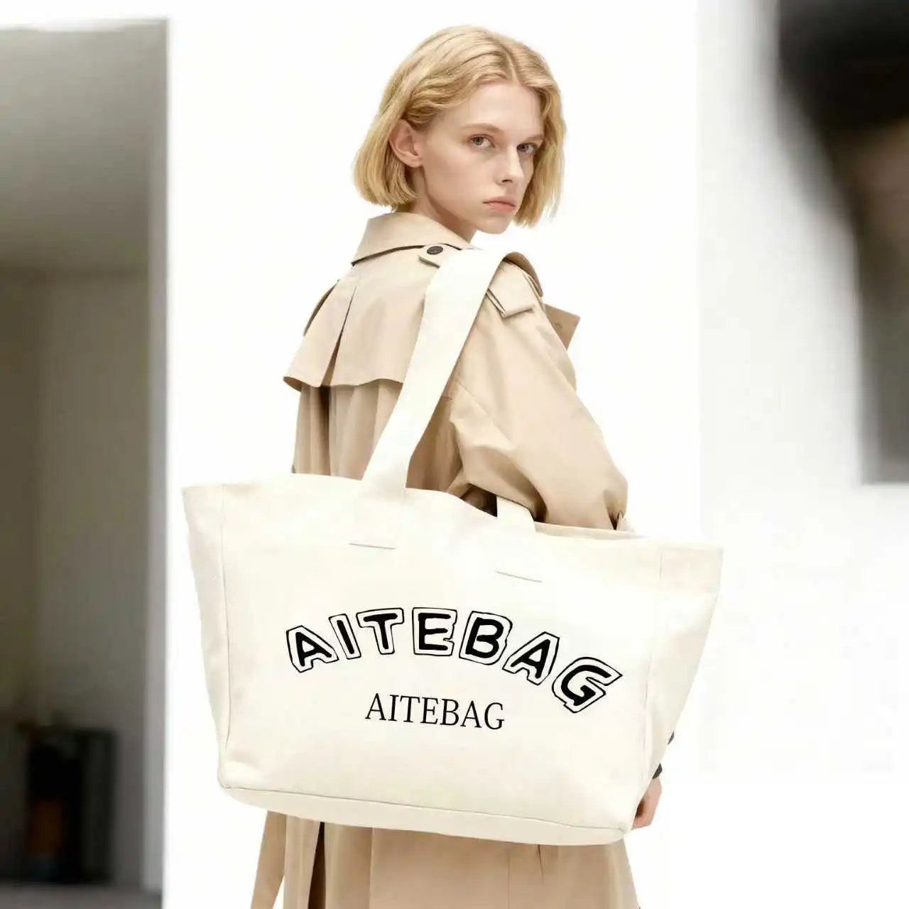 Custom Screen Printed Logo Reusable Cotton Tote Bag Zipper Closure Shoulder Handle Fashion Style Medium Size for Beach Grocery