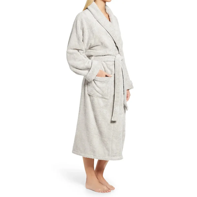 Plush cotton towel fabric plush shawl collar front patch pocket with removable belt plus size Women's home casual nightgown