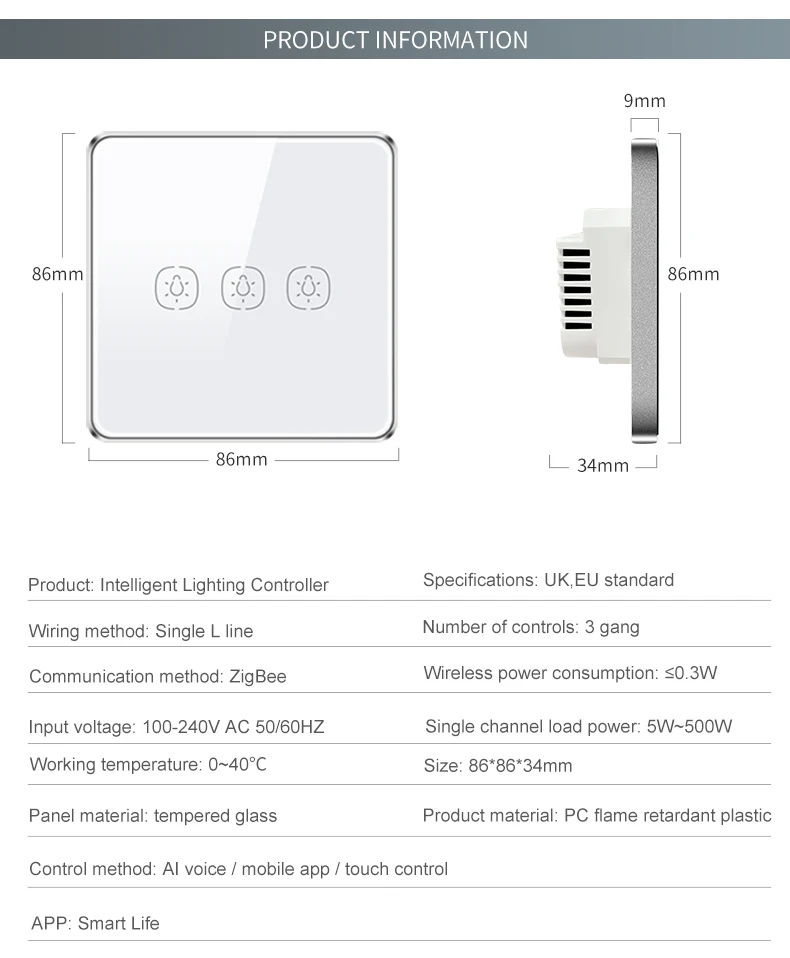 Tuya smart life home zigbee no neutral wire 3 gang wall light touch electric switches smart switch UK EU standard