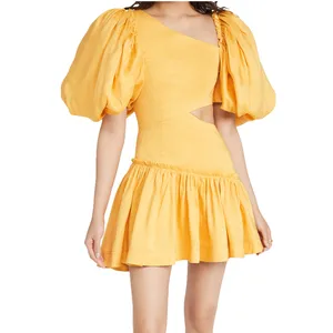Customize Summer Beach Boho Yellow Linen Cut Out Puff Sleeve a Line Ruffle Mini Dress Women