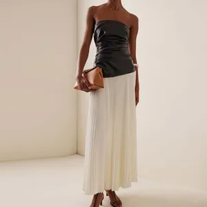 Clothing Manufacturers Custom Spring Summer Autumn Off-Shoulder Pleated Long Dress Elegant Leather Topped Maxi Dress