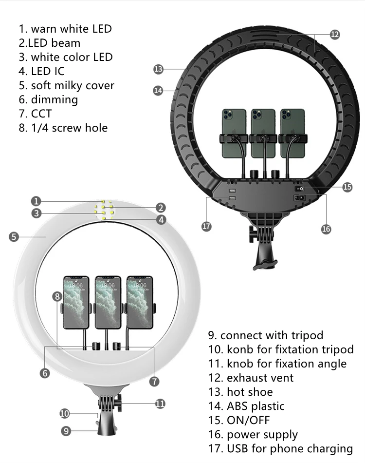 Lampe Annulaire LED 65W 18 Pouces Avec Miroir - Maquillage, Photo, Streaming | Trépied Réglable Et Support Téléphone